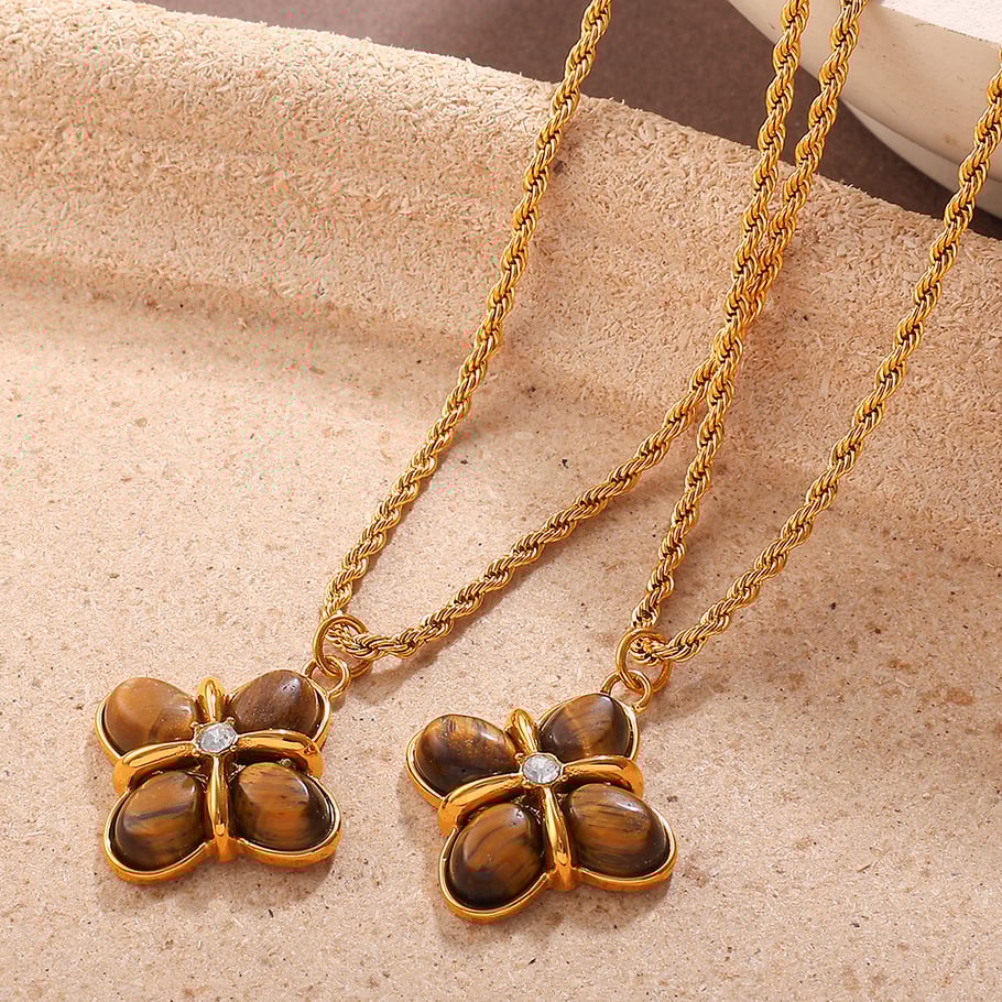 Collana con ciondolo in pietra naturale color oro in acciaio inossidabile con fiore retrò da 1 pezzo Immagine4