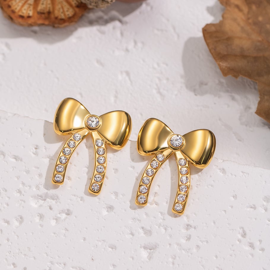 1 paio di eleganti orecchini a bottone in acciaio inossidabile color oro con fiocco Immagine3