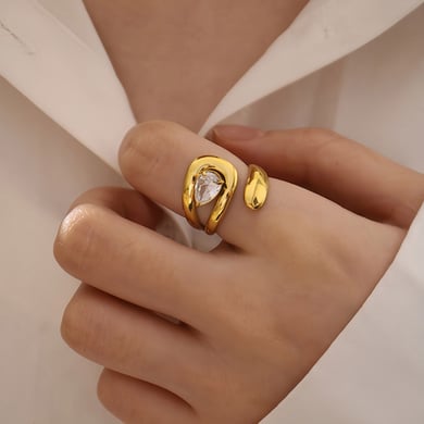 Anello da donna in acciaio inossidabile color oro con pietra preziosa, 1 pezzo, forma irregolare semplice h5 Immagine4