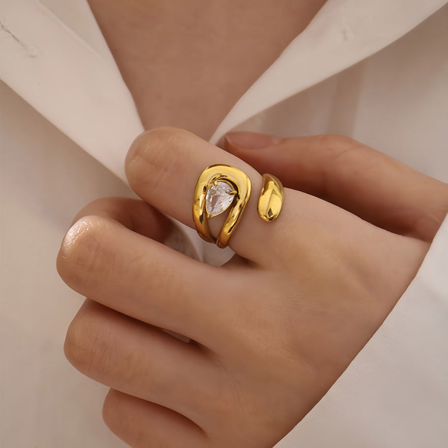 Anello da donna in acciaio inossidabile color oro con pietra preziosa, 1 pezzo, forma irregolare semplice Immagine4