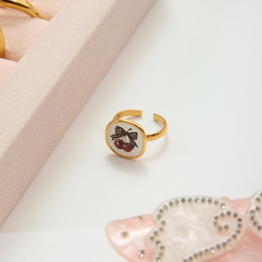 1 Piece Sweet Cherry Leopard Print Stainless Steel Gold Color Statement Rings Picture5