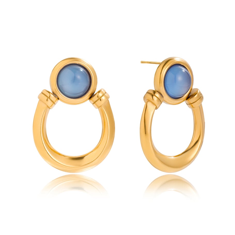 1 paio di eleganti orecchini a bottone da donna in acciaio inossidabile color oro con cerchio in resina blu 