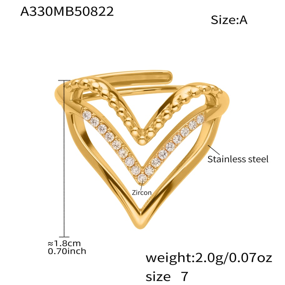 1 Piece Luxurious Heart Stainless Steel Gold Color Zircon Women's Gemstone Rings 