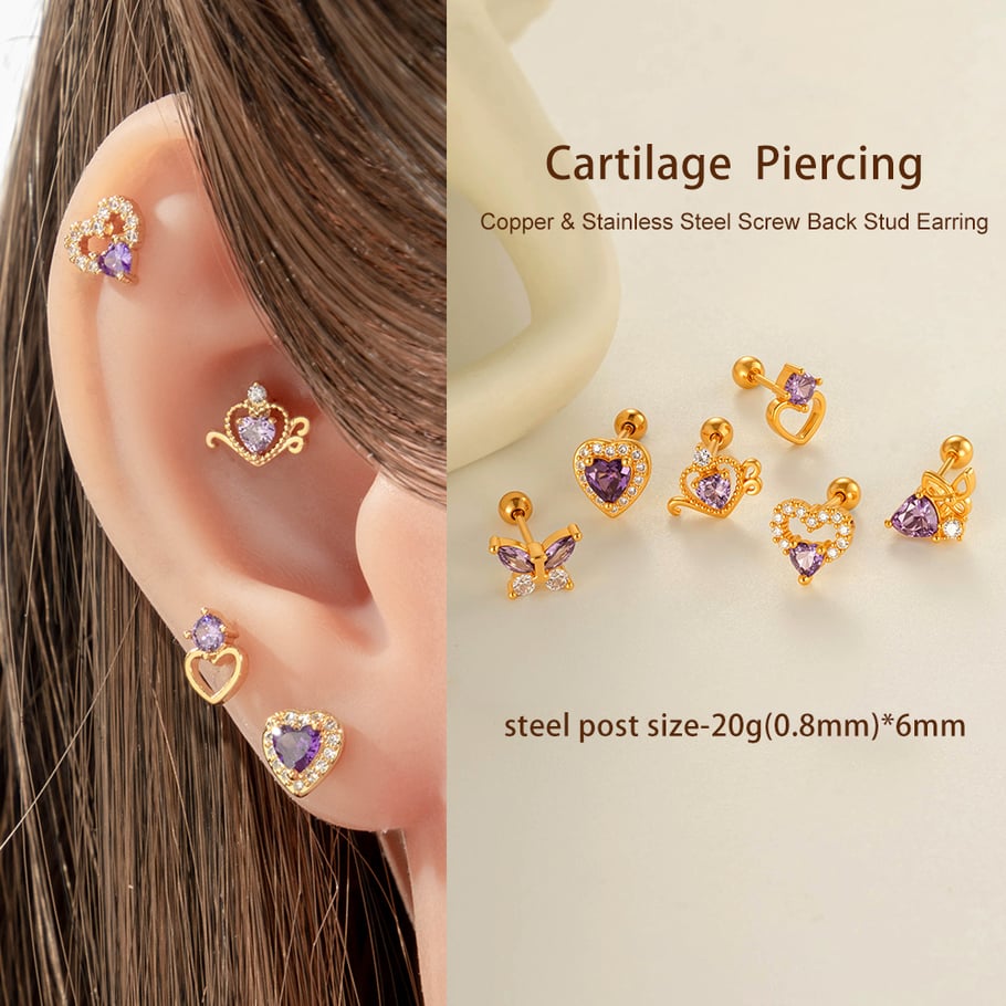 1 pezzo orecchini da donna piercing in zircone color rame e oro a forma di farfalla viola h5Immagine5