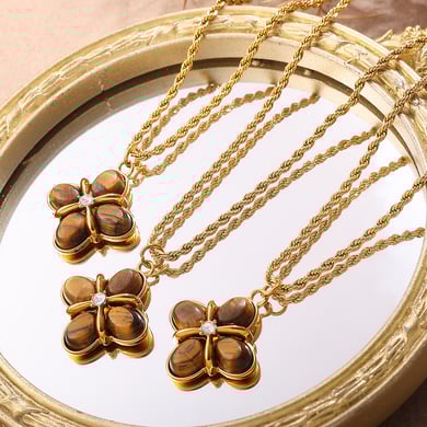 Collana con ciondolo in pietra naturale color oro in acciaio inossidabile con fiore retrò da 1 pezzo h5 Immagine2