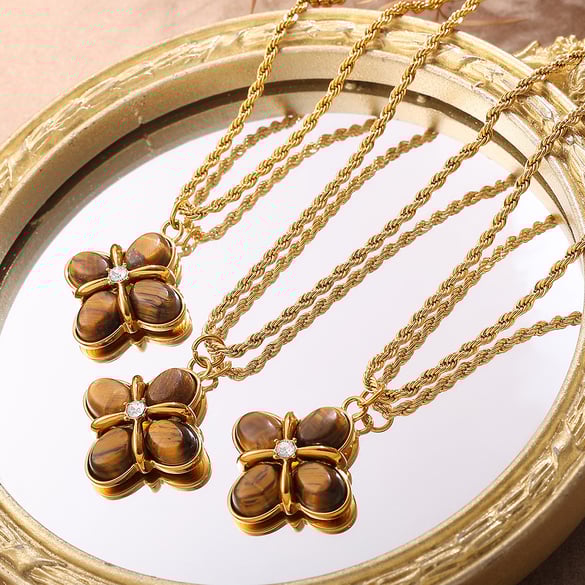 1 Piece Retro Flower Stainless Steel Gold Color Natural Stone Pendant Necklace