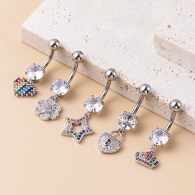 1 Adet Çiçek Kalp Yıldız Bakır Zirkonyum Göbek Piercing h5 Resim4
