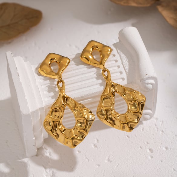 1 Pair Irregular Shape Hammer Pattern Stainless Steel Gold Color Drop Earrings 2