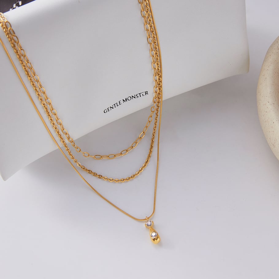 1 Piece Classic Droplet Stainless Steel Gold Color Zircon Women's Layered Necklaces h5Picture4