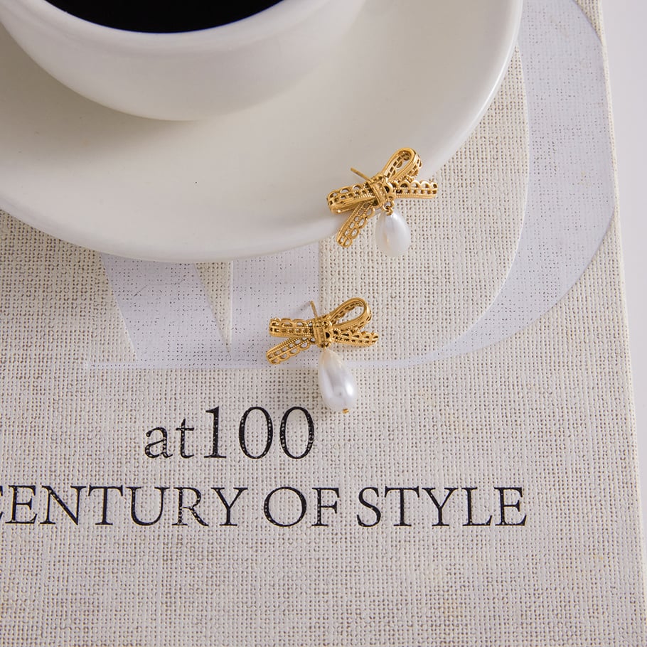 1 par de pendientes románticos de acero inoxidable con lazo y gota de color dorado para mujer Imagen5