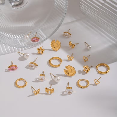 1 set di orecchini in acciaio inossidabile color oro con zirconi h5 Immagine2