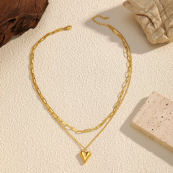 1 Piece Heart Stainless Steel Gold Color Layered Necklace