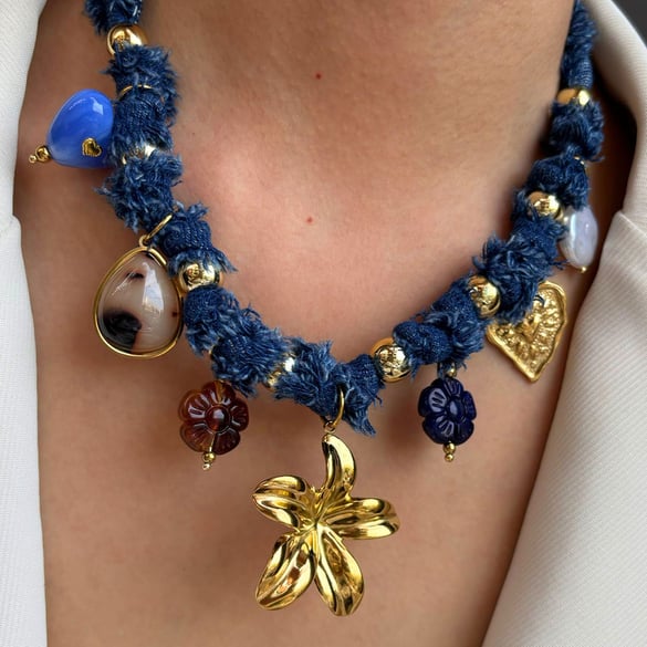 1 Piece Flower Heart Resin Gold Color Fabric Pendant Necklace