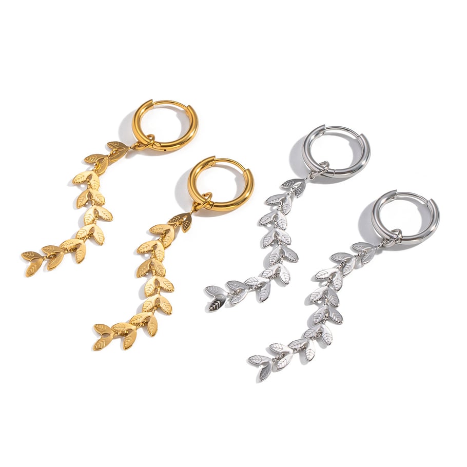 1 paire de boucles d'oreilles pendantes décontractées en acier inoxydable couleur or avec pompon et feuille h5Image5