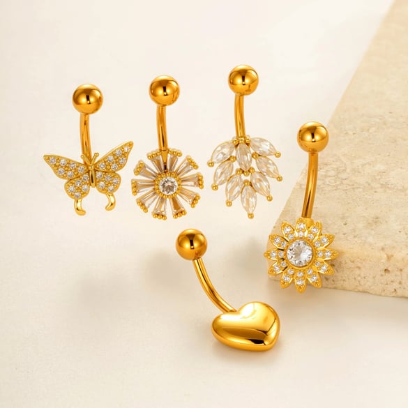 1 Adet Şık Çiçek Kalp Kelebek Bakır Altın Renkli Zirkonyum Göbek Piercing 2