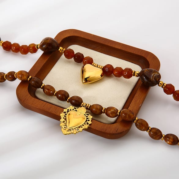 1 Piece Retro Heart Beads Acrylic  Gold Color  Women's Pendant Necklaces