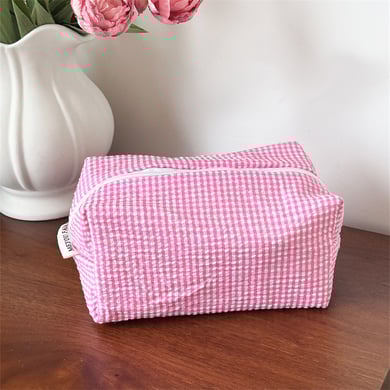 Trousse de maquillage simple et classique en polyester à carreaux, 1 pièce, pour femme h5 