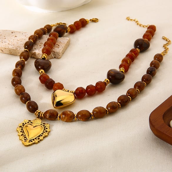 1 Piece Retro Heart Beads Acrylic  Gold Color  Women's Pendant Necklaces 2