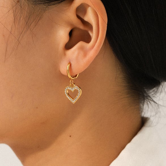 1 Pair Heart Stainless Steel   Gold Color  Zircon Women's Hoop Earrings