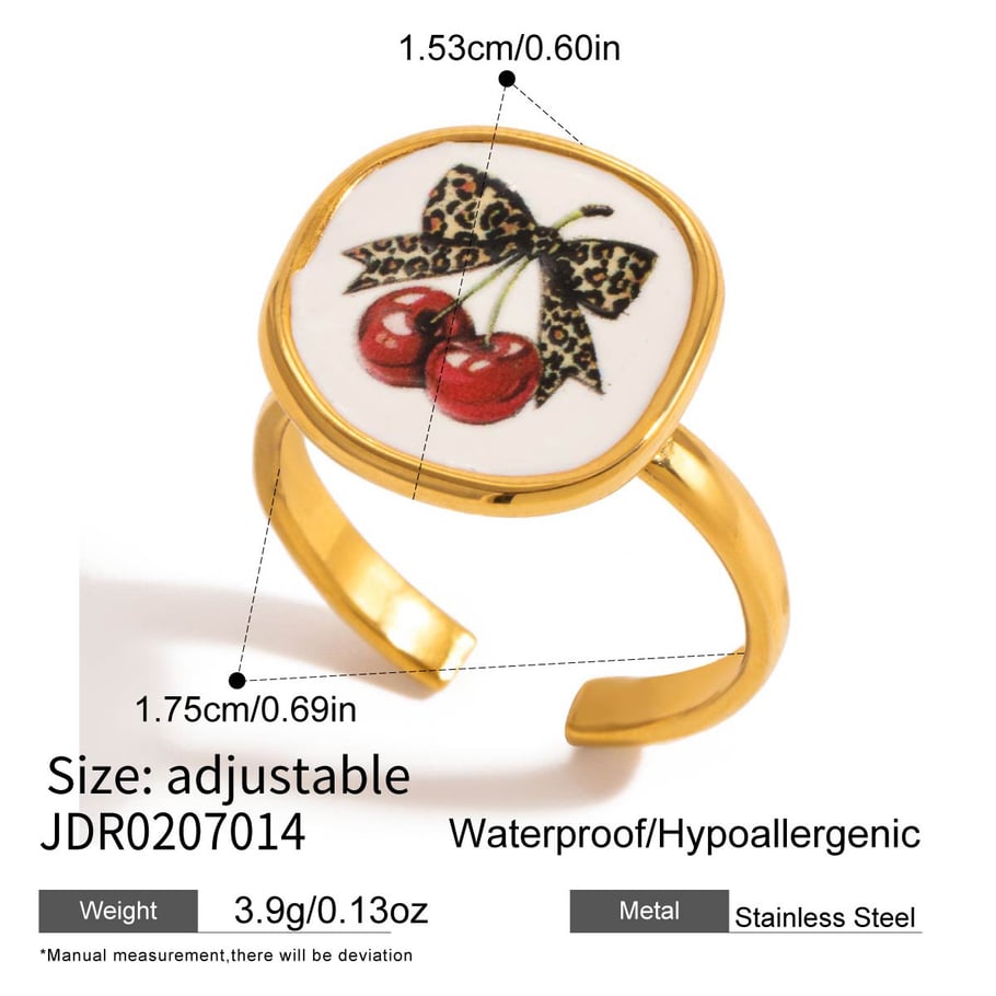 1 Piece Sweet Cherry Leopard Print Stainless Steel Gold Color Statement Rings h5Picture2