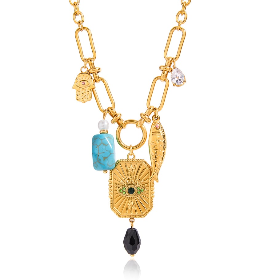 1 Piece Gorgeous Devil's Eye Stainless Steel Gold Color Natural Stone Women's Pendant Necklaces 