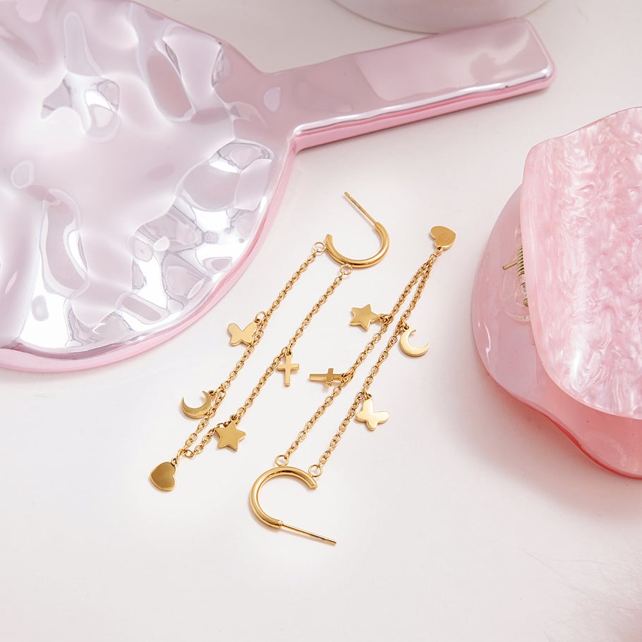 1 paio di orecchini pendenti da donna in acciaio inossidabile color oro con cuore della serie Romantic Immagine5