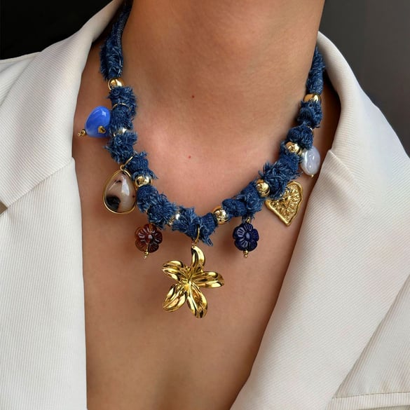 1 Piece Flower Heart Resin Gold Color Fabric Pendant Necklace 2