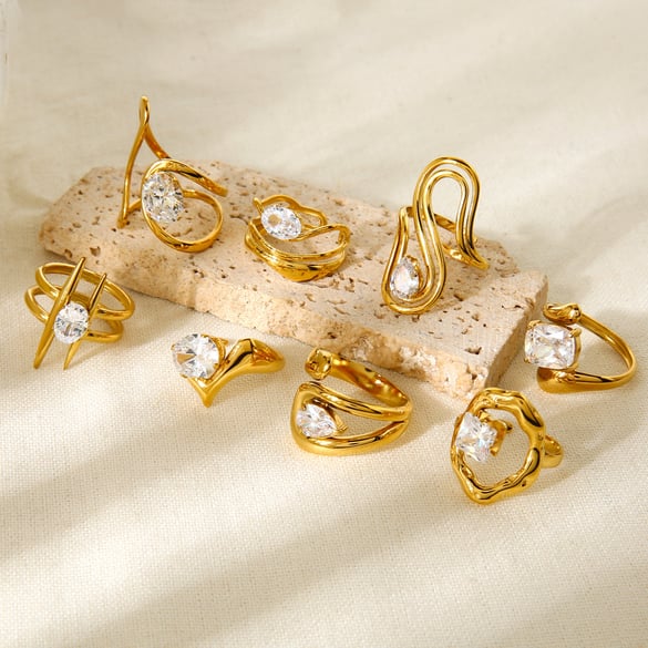 Anillos románticos y elegantes de acero inoxidable con forma de círculo y rectángulo para mujer. 2