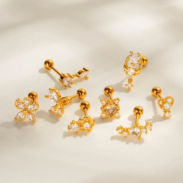 1 Stück Blume Herz Kupfer Gold Farbe Zirkon Piercing Ohrring 2