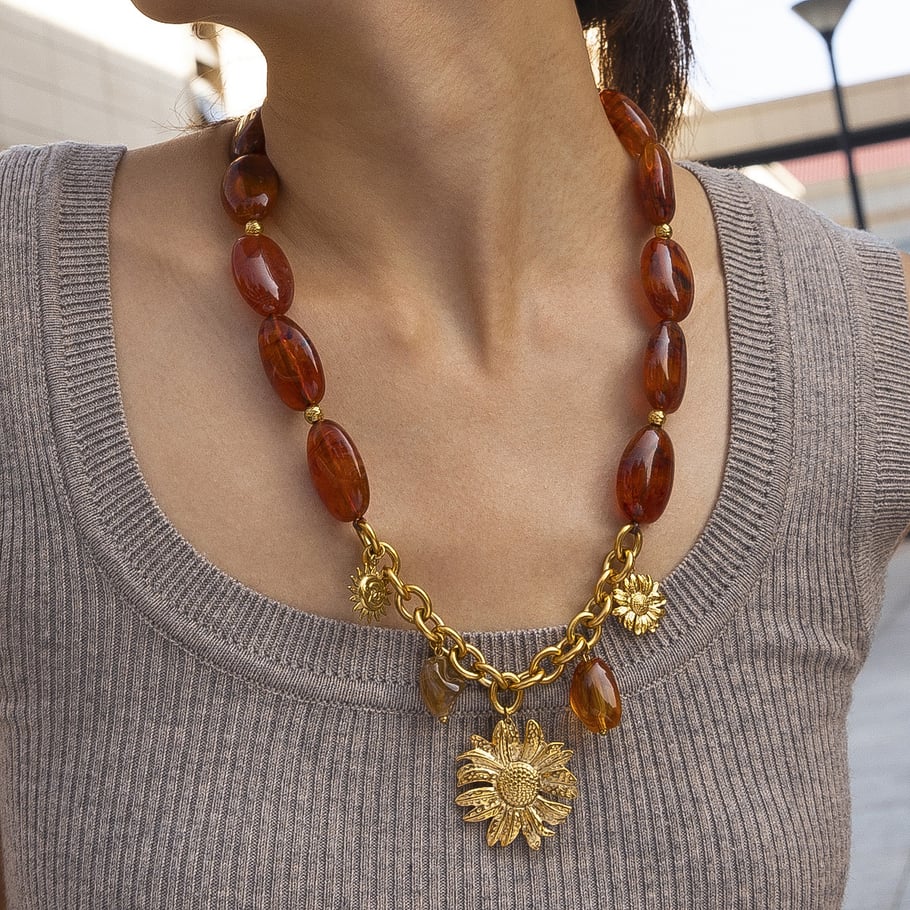 Collier de perles en acrylique couleur or en acier inoxydable avec fleur, 1 pièce Image2