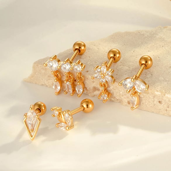 1 Piece Exquisite Heart Copper Gold Color Zircon Women's Piercing Earrings 2