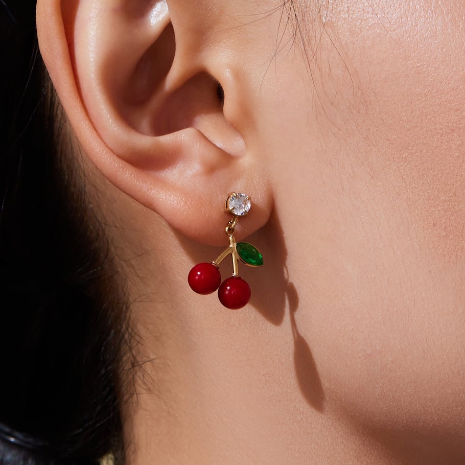 Whimsical Cherry Stainless Steel Gold Color Zircon Women's Jewelry Sets Picture6