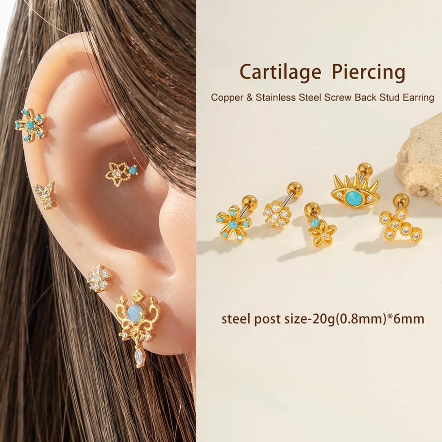 1 Piece Flower Copper Gold Color Zircon Piercing Earring h5Picture4