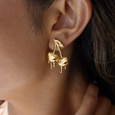1 par de pendientes románticos de cereza de acero inoxidable color dorado para mujer h5 Imagen3