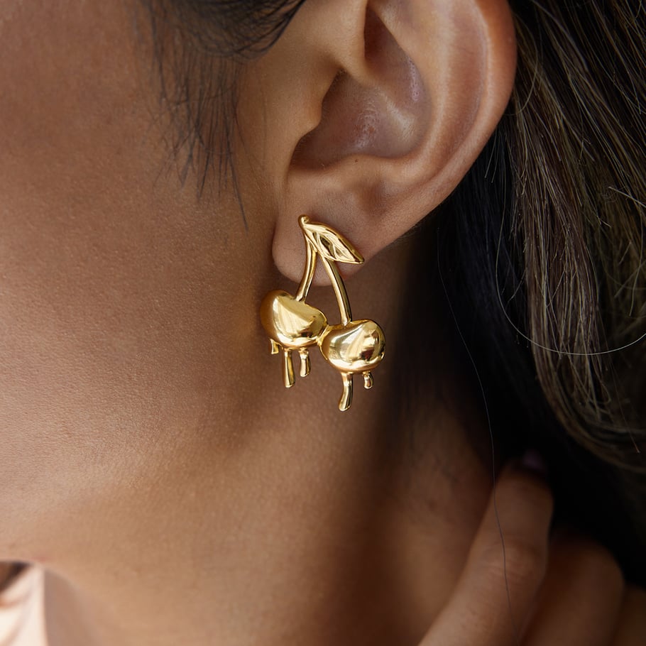1 par de pendientes románticos de cereza de acero inoxidable color dorado para mujer Imagen3