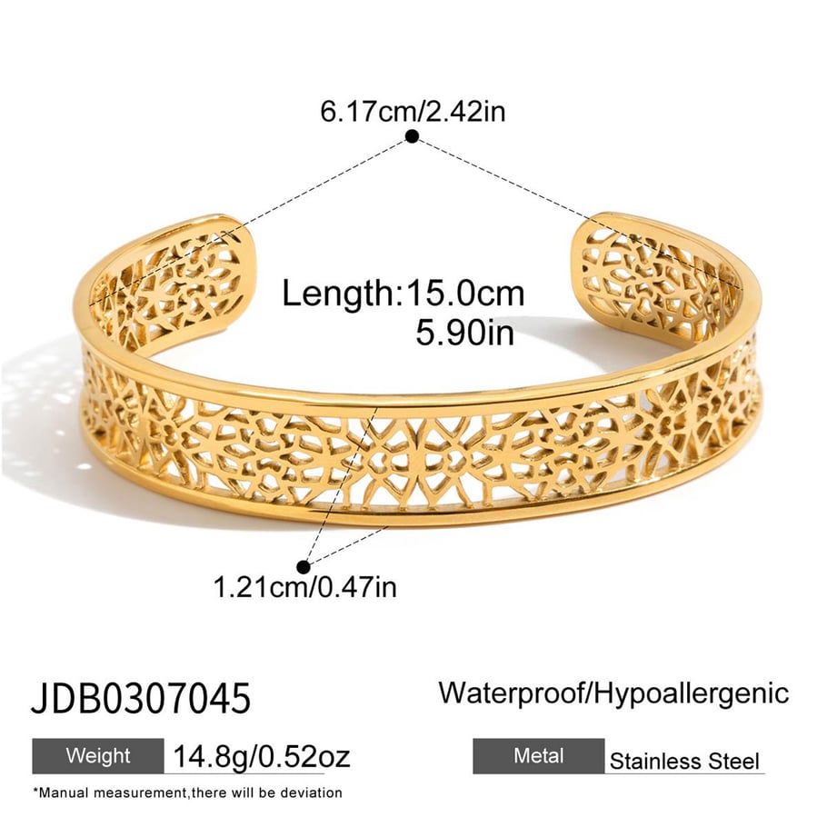 1 pezzo di braccialetti da donna in acciaio inossidabile color oro con intricati dettagli scavati Immagine2