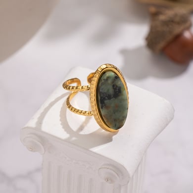 Anillo retro de acero inoxidable con piedras preciosas naturales de color dorado. h5 Imagen4