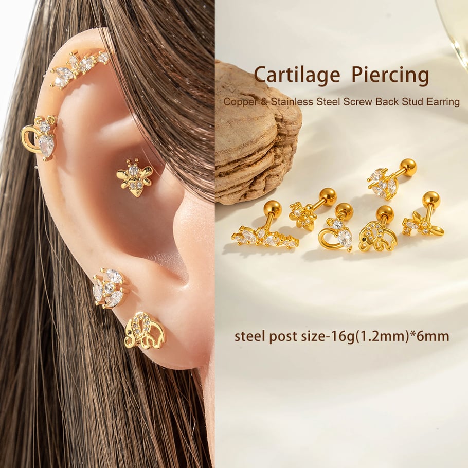 1 Adet Çiçek Bakır Altın Rengi Zirkonyum Piercing Küpe Resim4