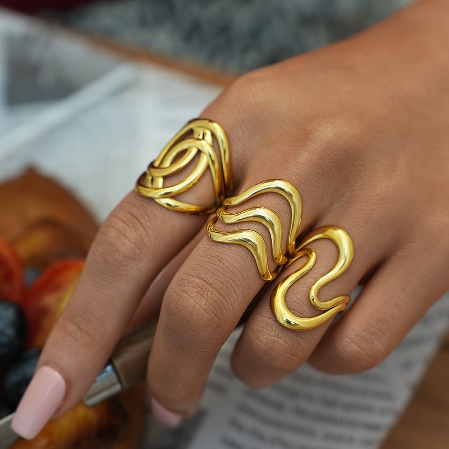1 pezzo semplice retrò forma irregolare in acciaio inossidabile color oro anelli da donna Immagine6