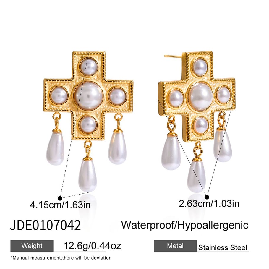 1 paio di orecchini pendenti da donna in acciaio inossidabile color oro con croce a goccia di lusso h5Immagine2