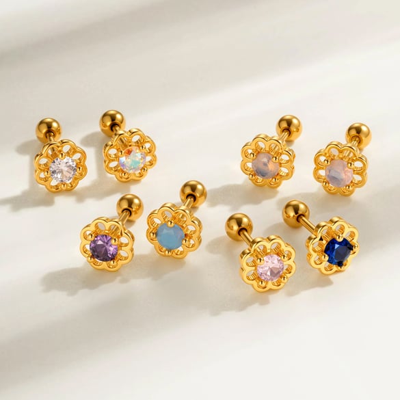 1 Piece Flower Copper Gold Color Zircon Piercing Earring 2