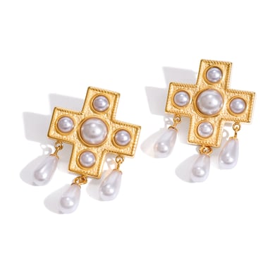 1 paio di orecchini pendenti da donna in acciaio inossidabile color oro con croce a goccia di lusso h5 Immagine8