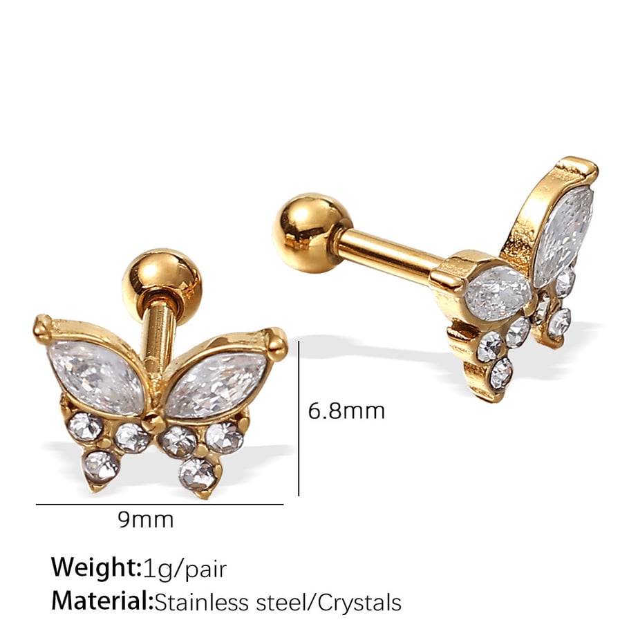 1 Çift Kelebek Paslanmaz Çelik Altın Renkli Kristal Piercing Küpe 