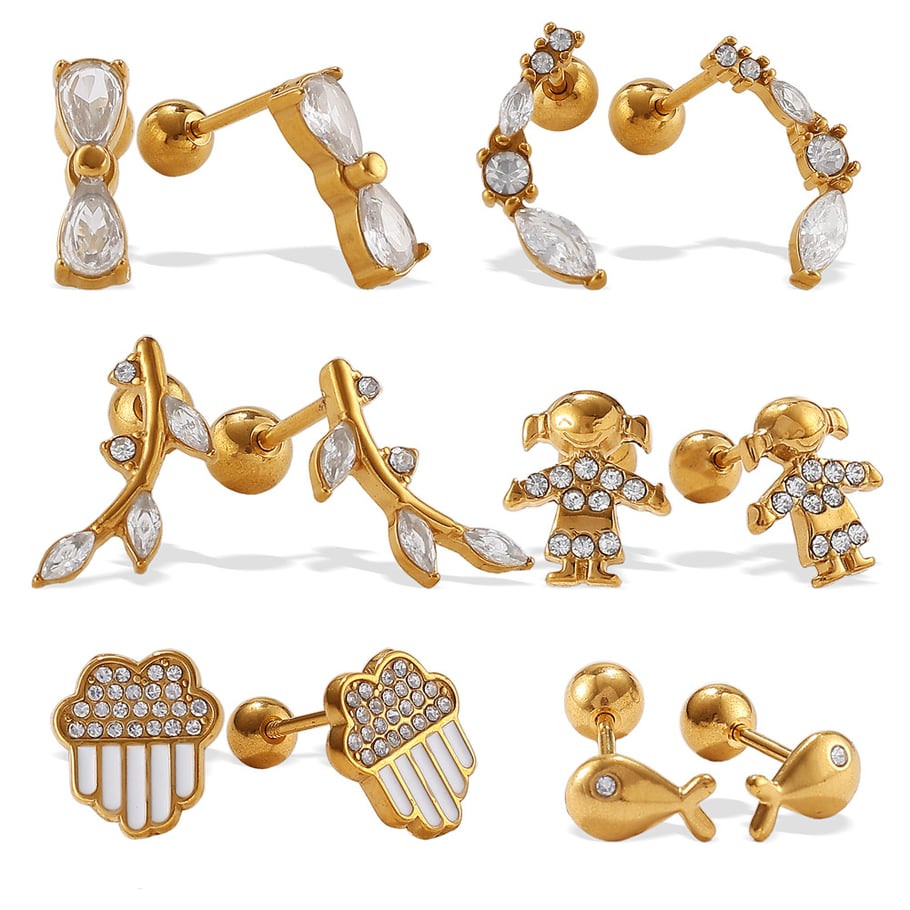 1 paio di orecchini piercing con nodo a fiocco in acciaio inossidabile color oro e strass h5Immagine4