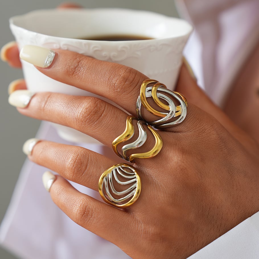 1 pezzo di anelli da donna in acciaio inossidabile intrecciato color oro e argento misti Immagine3
