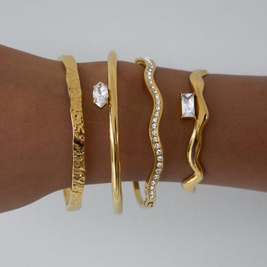 Pulsera de acero inoxidable con circonitas doradas y curvas brillantes para mujer, 1 pieza h5 Imagen6