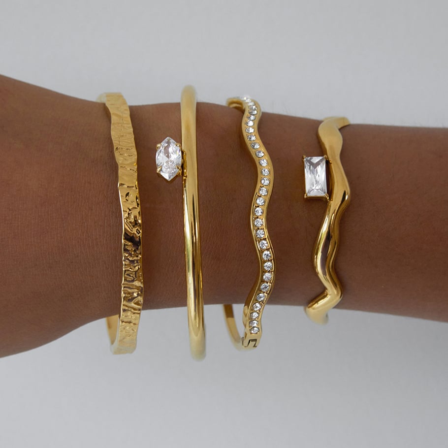 Pulsera de acero inoxidable con circonitas doradas y curvas brillantes para mujer, 1 pieza Imagen6