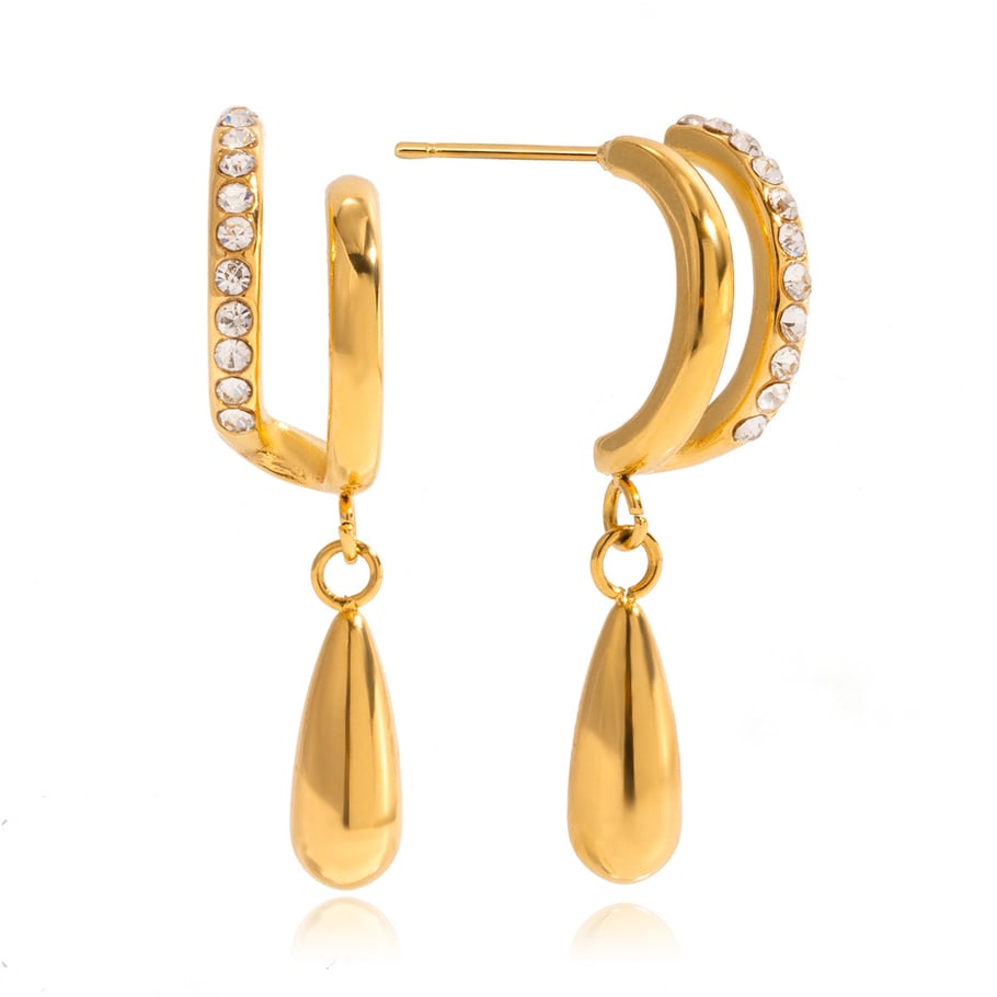 1 Pair Gorgeous Droplet Stainless Steel Gold Color Zircon Women's Drop Earrings 