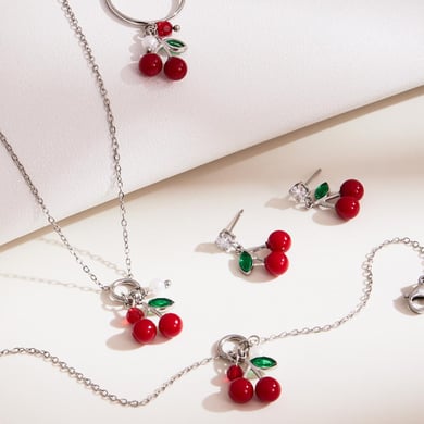 Whimsical Cherry Stainless Steel Gold Color Zircon Women's Jewelry Sets h5 Picture3