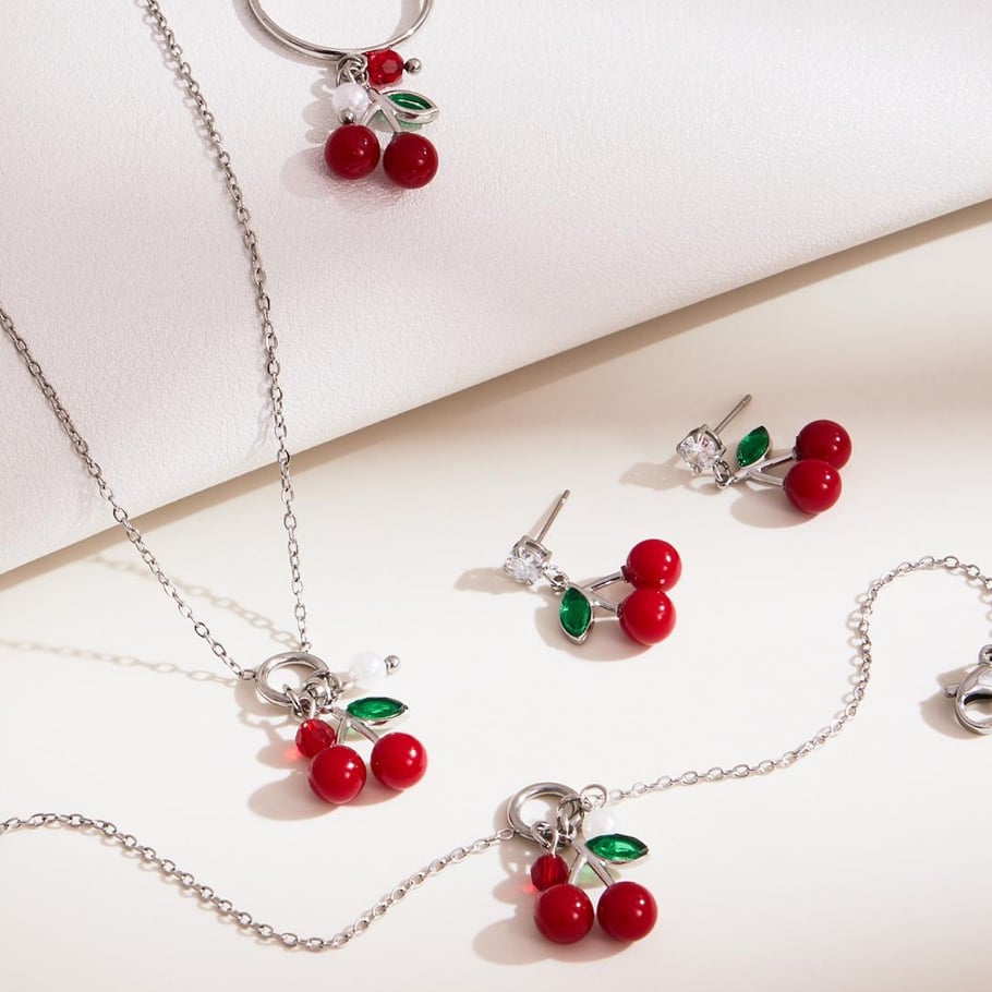 Whimsical Cherry Stainless Steel Gold Color Zircon Women's Jewelry Sets Picture3